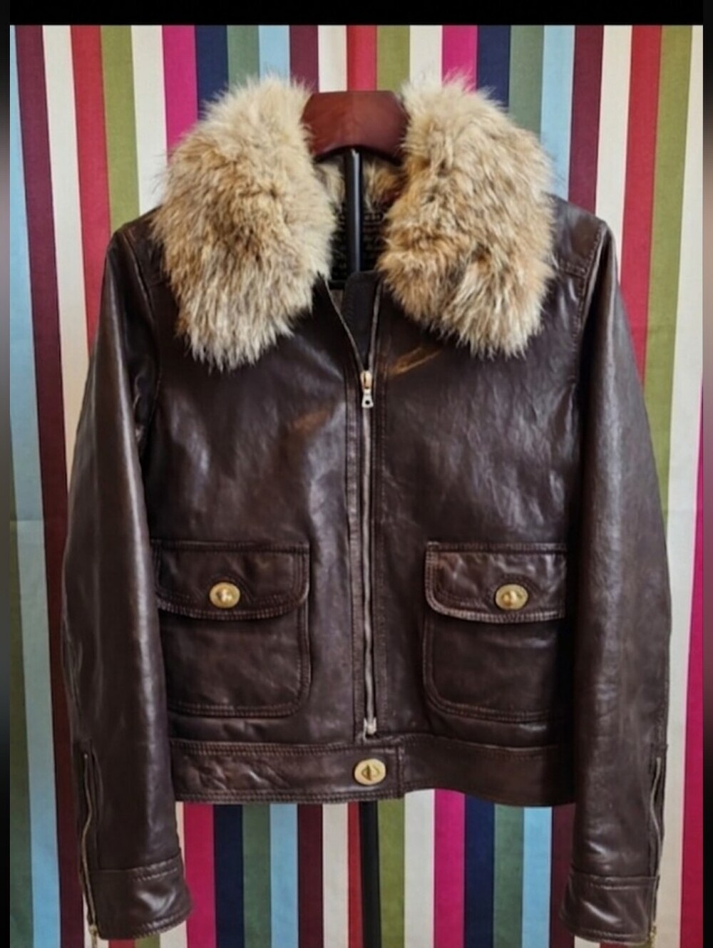 RARE Vintage Coach 2006 Legacy Leather Bomber Jacket Turnlock Fur 10 Fits 8